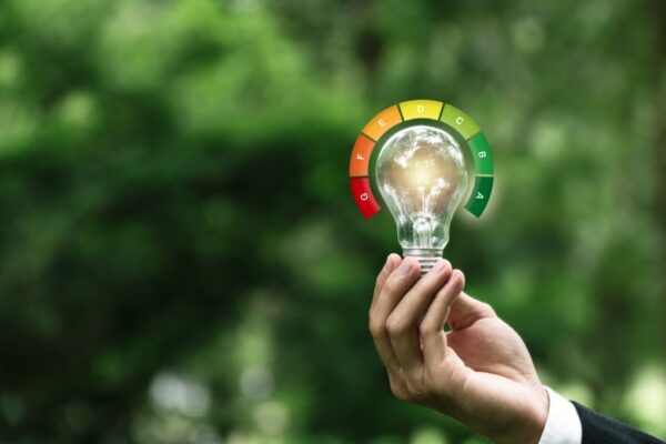 Hand holding a light bulb with efficiency indicator on a green background